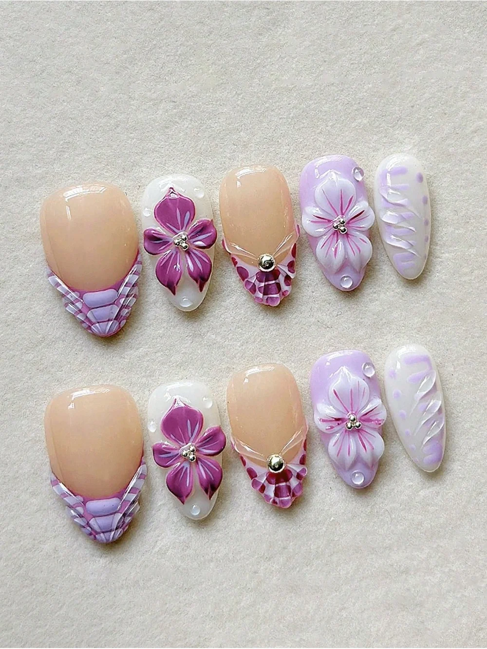 Handcrafted Purple Floral Press-On Nails Set - Women Makeup